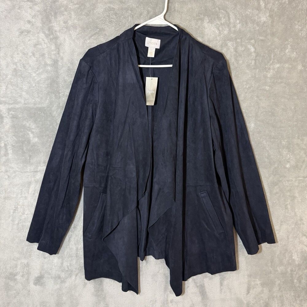 NWT Chico's Drape Front Faux Suede Jacket Ink Women's Size 3